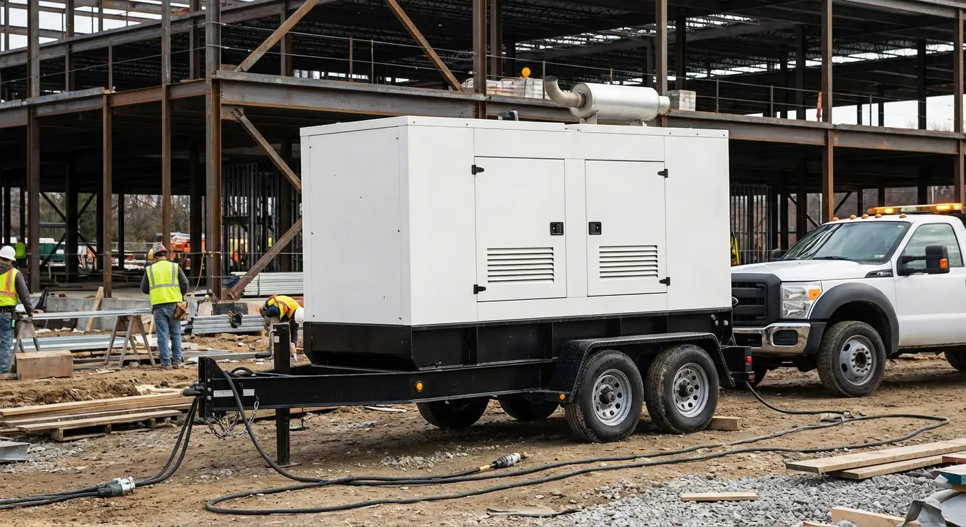 A rugged 100kW towable generator positioned on a dusty construction site near a steel framework, with yellow heavy-duty cables running toward the structure. in Grand Junction, CO