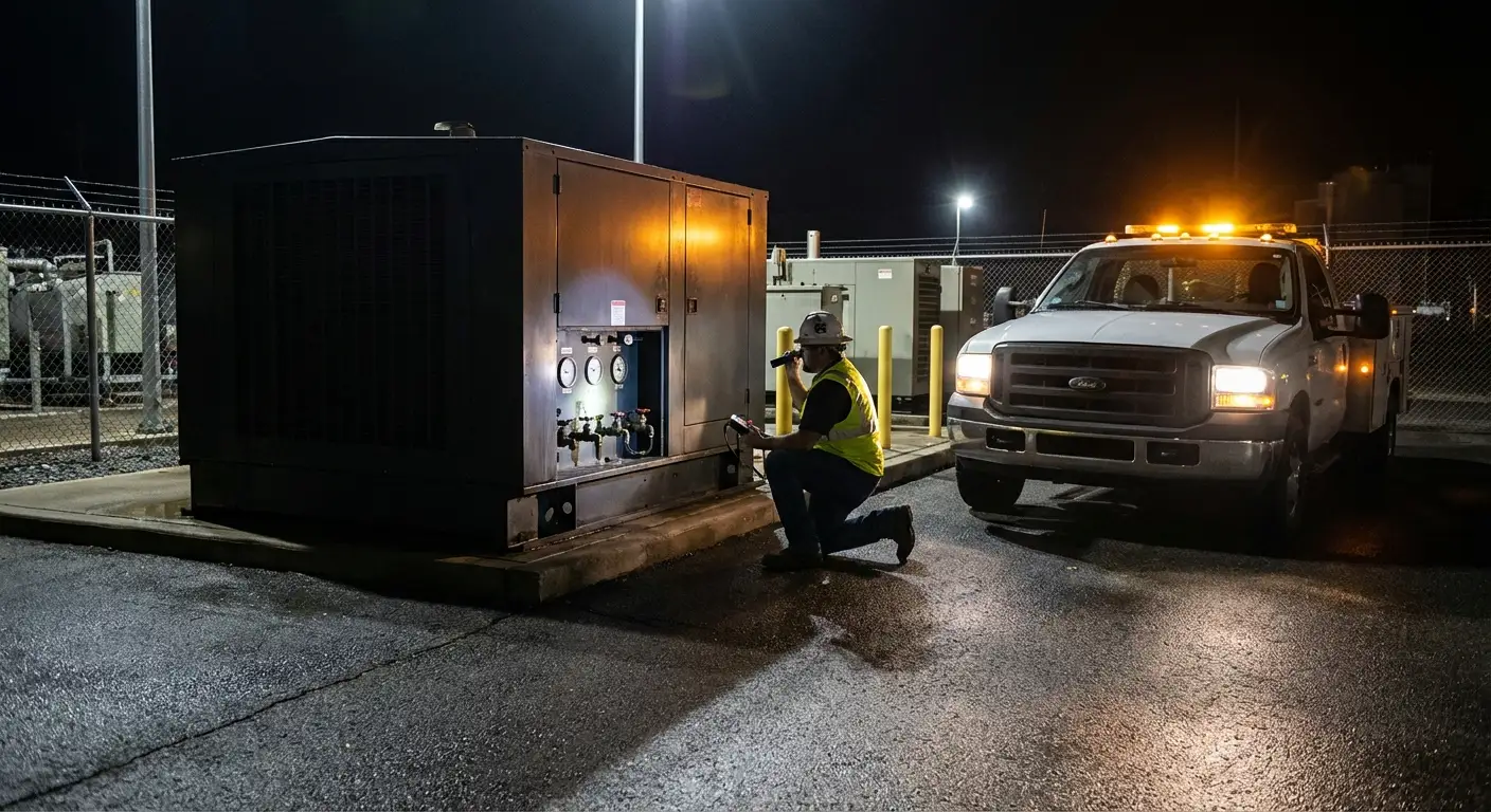 Nighttime shot of a fuel technician monitoring a flow meter while refueling a massive white standby generator enclosure near a secure building. in Grand Junction, CO
