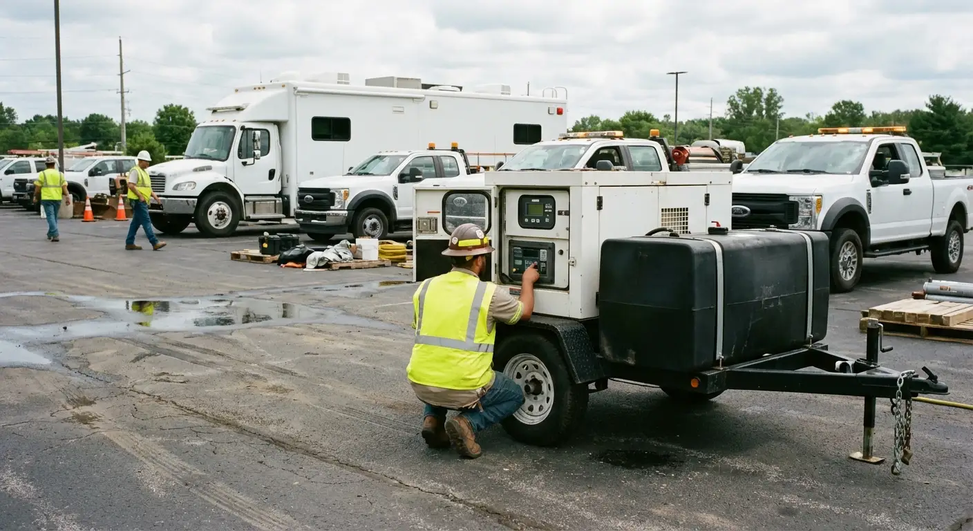 A high-angle shot of an emergency response staging area with a large black mobile command vehicle (bus style); a white industrial generator sits adjacent, with a technician checking the control panel. in Grand Junction, CO