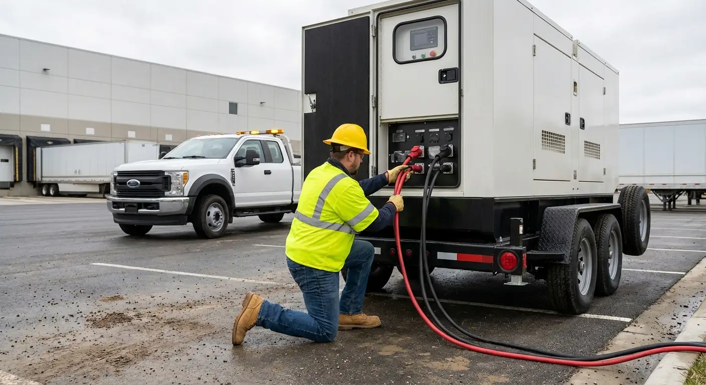 A 500kW mobile generator parked next to a large modern distribution center loading dock at dusk, powering temporary floodlights and equipment. in Grand Junction, CO