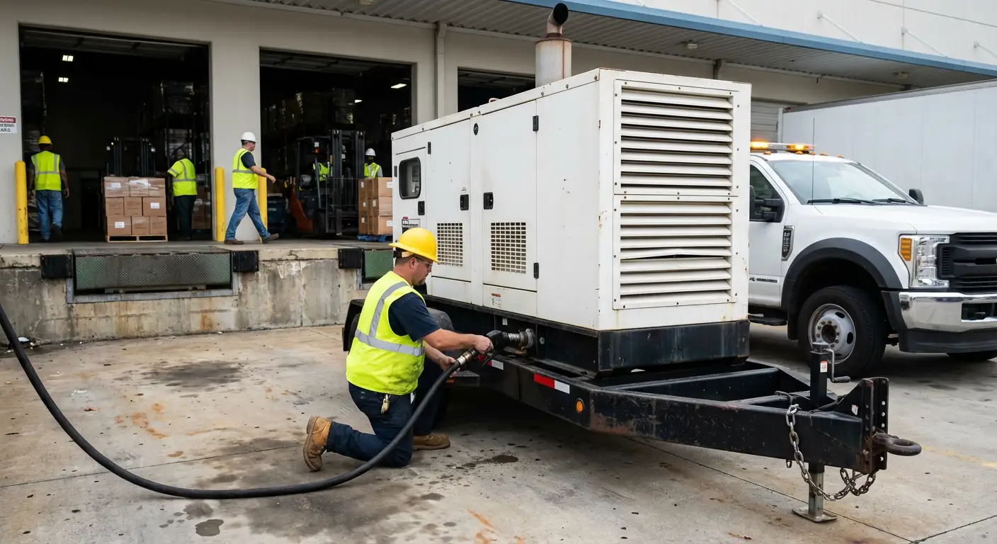 A commercial fuel bobtail truck parked next to a large industrial generator at a busy warehouse loading dock, filling the tank. in Grand Junction, CO