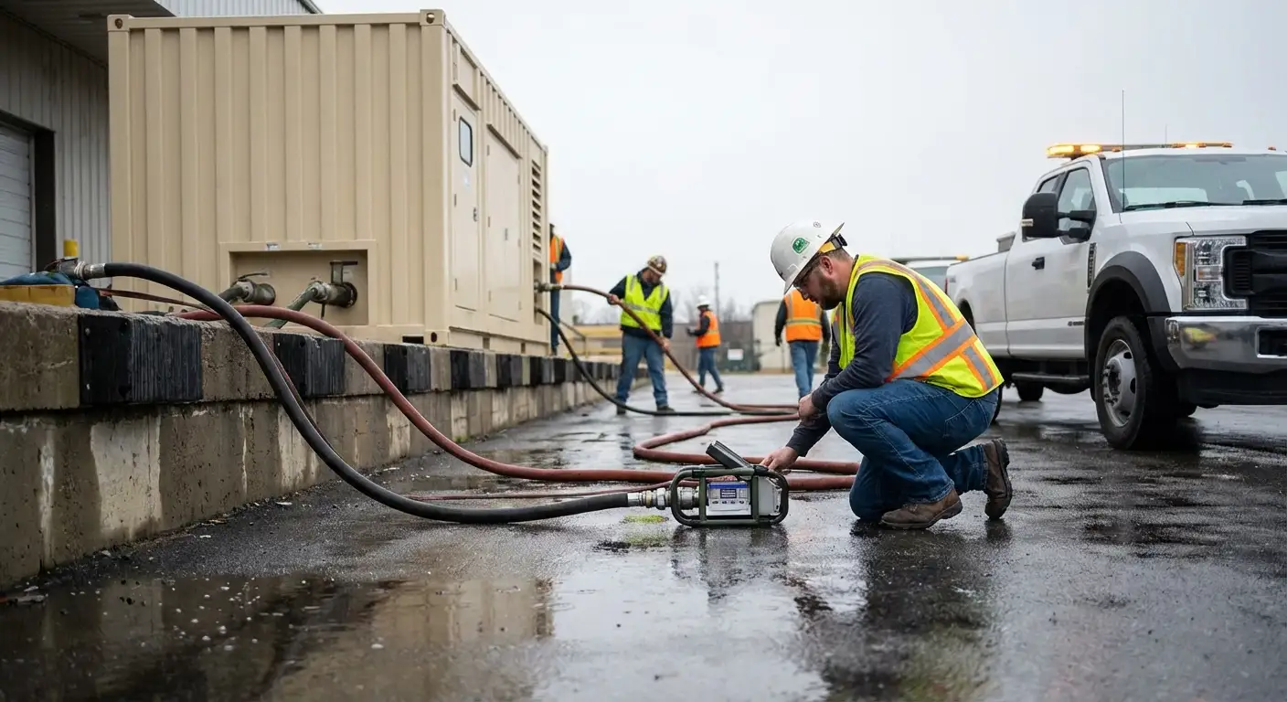 A massive 500kW containerized generator parked in a commercial loading dock during a rainy evening, with a fuel truck parked alongside extending a hose. in Grand Junction, CO