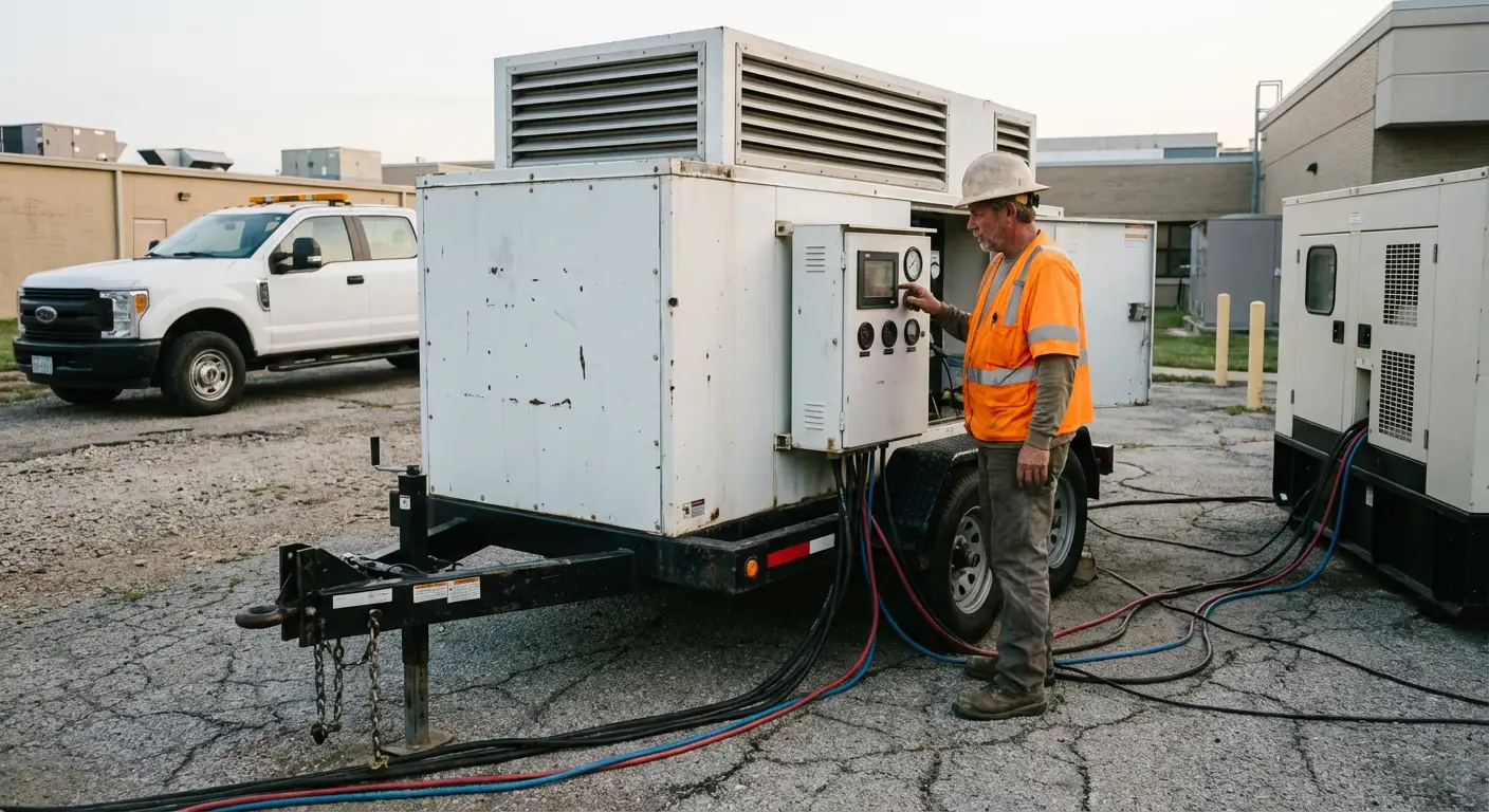 Technician in high-visibility gear adjusting controls on a portable load bank unit stationed outside a hospital utility bay at dawn. in Grand Junction, CO