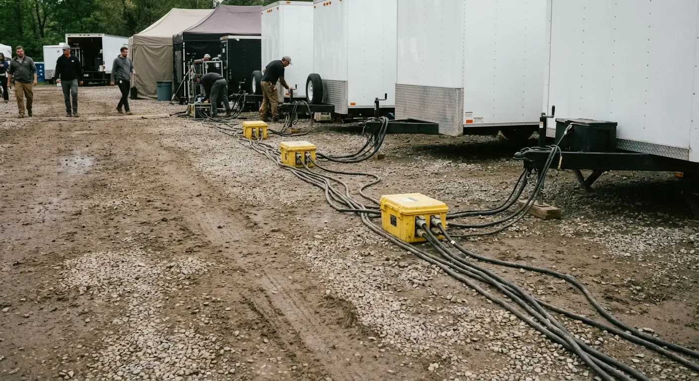 A behind-the-scenes view of a film production base camp; a row of white talent trailers is visible, with yellow cable ramps protecting heavy-duty power cables running along the ground. in Grand Junction, CO