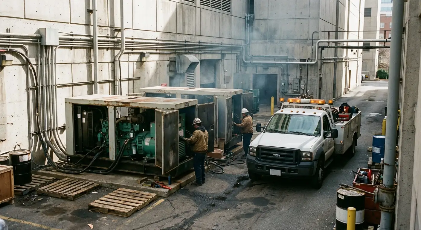 Two large white industrial generators connected in parallel outside a hospital utility building, with thick black cabling running into the facility. in Grand Junction, CO