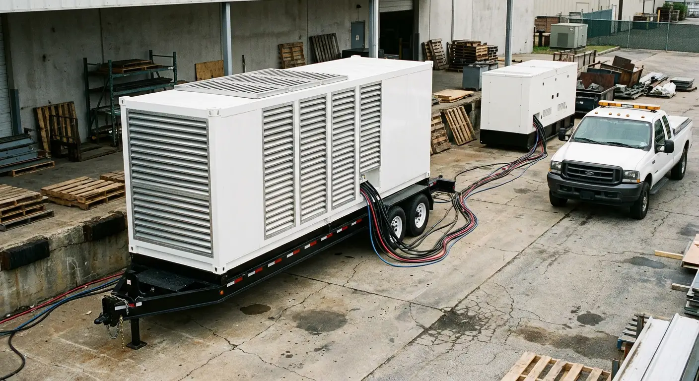 Wide shot of a large resistive load bank trailer connected to a commercial generator behind a busy warehouse loading dock. in Grand Junction, CO