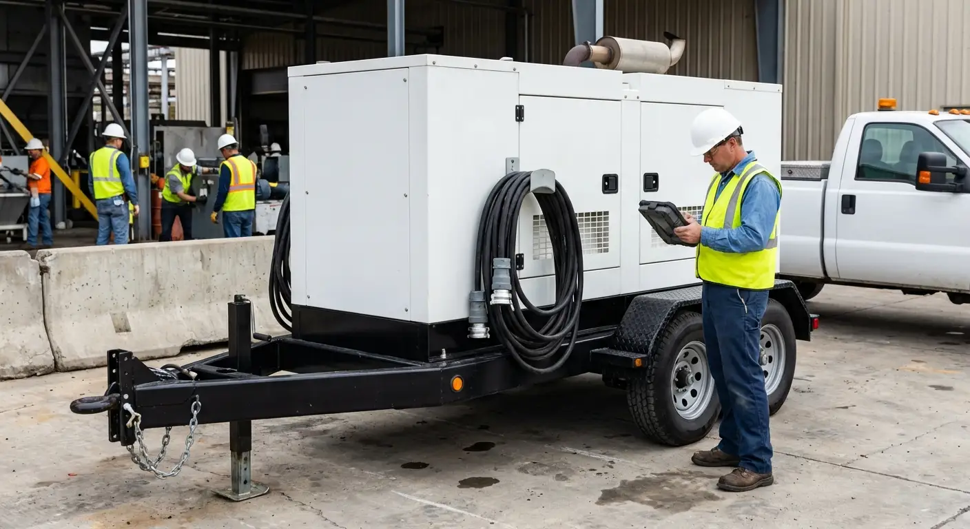 A technician checking the control panel of a towable generator stationed outside a brick factory building during the day, with industrial conduit visible. in Grand Junction, CO