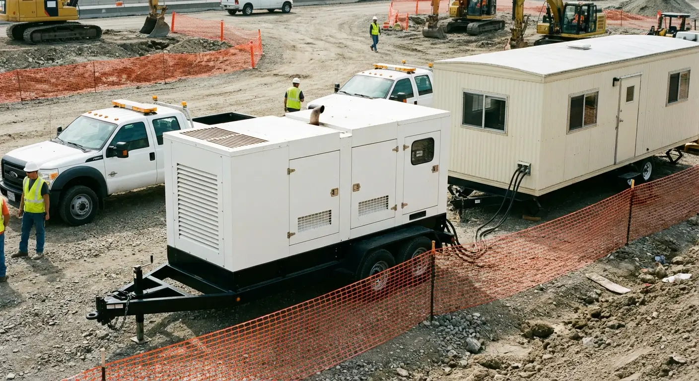 A rugged construction site setting featuring a beige mobile office trailer; in the foreground, a towable 40kW diesel generator is stationed on gravel, connected via thick black cabling to the trailer's power inlet. in Grand Junction, CO