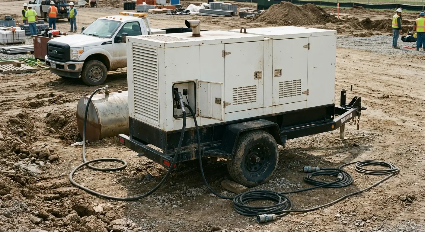Early morning on a construction site, a fuel hose extending from a truck to a yellow towable generator sitting on gravel. in Grand Junction, CO