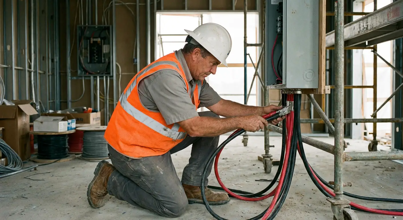 Close-up of heavy-gauge cam-lock cables being connected from a load bank to a building's main distribution panel. in Grand Junction, CO