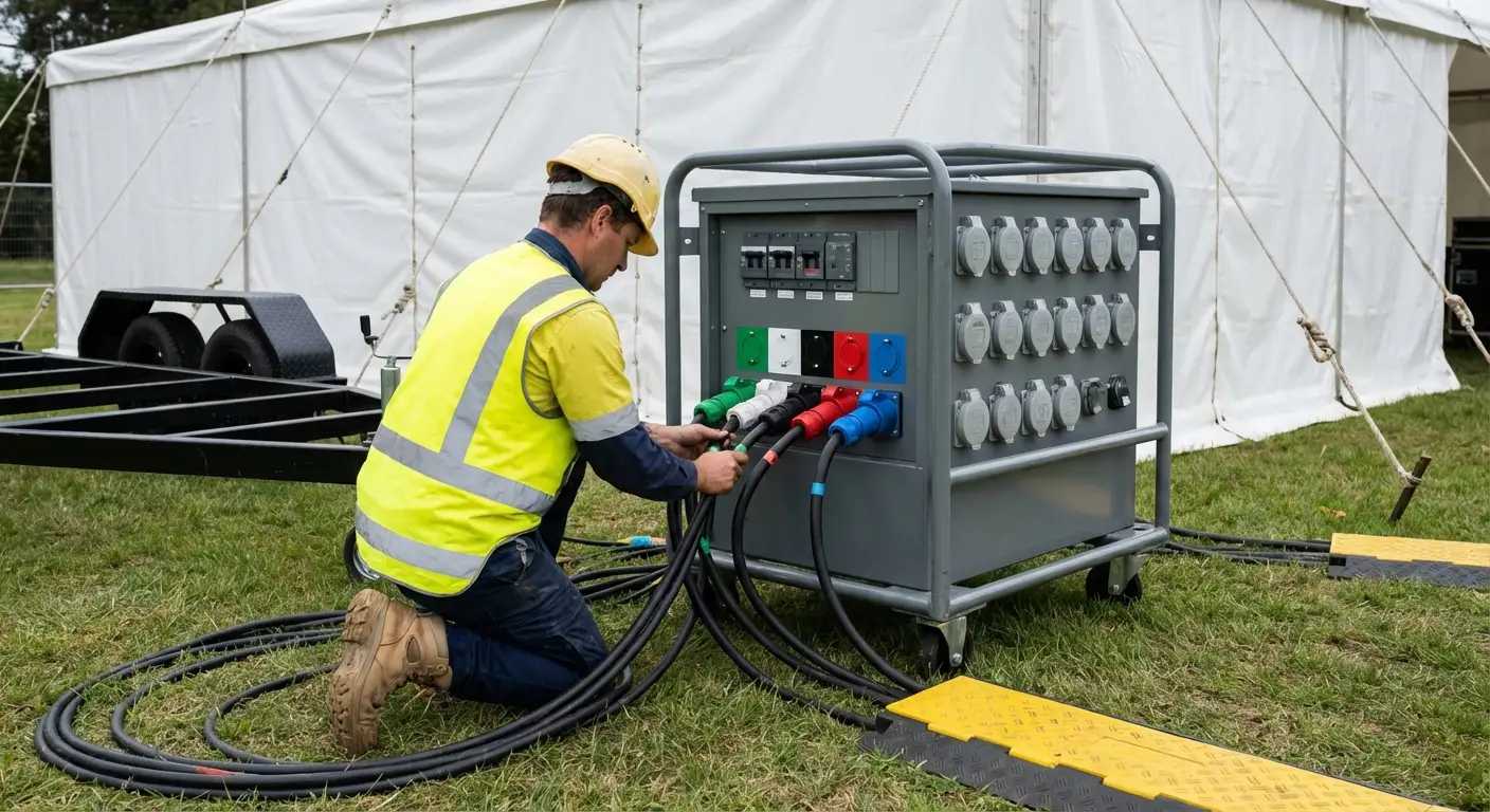 A sleek, white commercial generator placed discreetly behind a hedge at an outdoor event, connected to a distribution panel and spider boxes near a white tent. in Grand Junction, CO